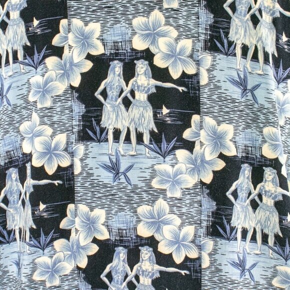 Vintage LORD & TAYLOR Aloha Camp Shirt Mens L Blue Rayon Hawaiian Hula Dancers - Picture 5 of 10